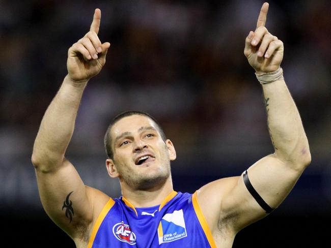 Brendan Fevola celebrates a goal for the Brisbane Lions in 2010. 