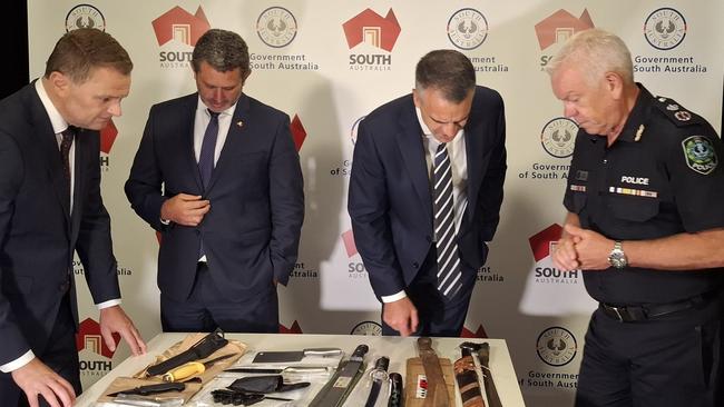 Treasurer Stephen Mullighan, Attorney-General Kyam Maher, Premier Peter Malinauskas and Police Commissioner Grant Stevens discuss the proposed new laws to tackle knife crime.