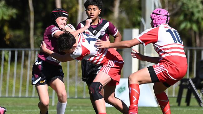 Year 7 Brisbane Broncos old boys challenge match between Marsden SHS and Palm Beach Currumbin SHS. Thursday July 18, 2024. Picture, John Gass