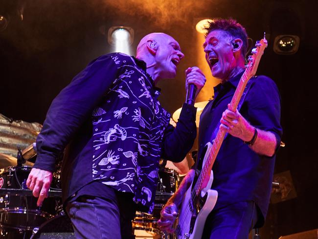 Power and the prankster … Peter Garrett and the late Bones Hillman, still rocking but not unsettling American diners, at Adelaide Oval in 2017.