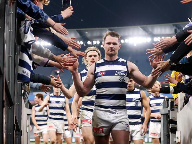 Patrick Dangerfield leads the team off. Picture: Mark Stewart