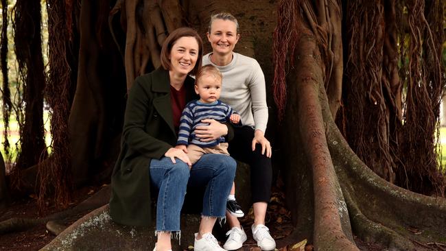 Rachael Haynes with partner Leah Poulton and their son Hugo. Photo by Jason McCawley/Getty Images