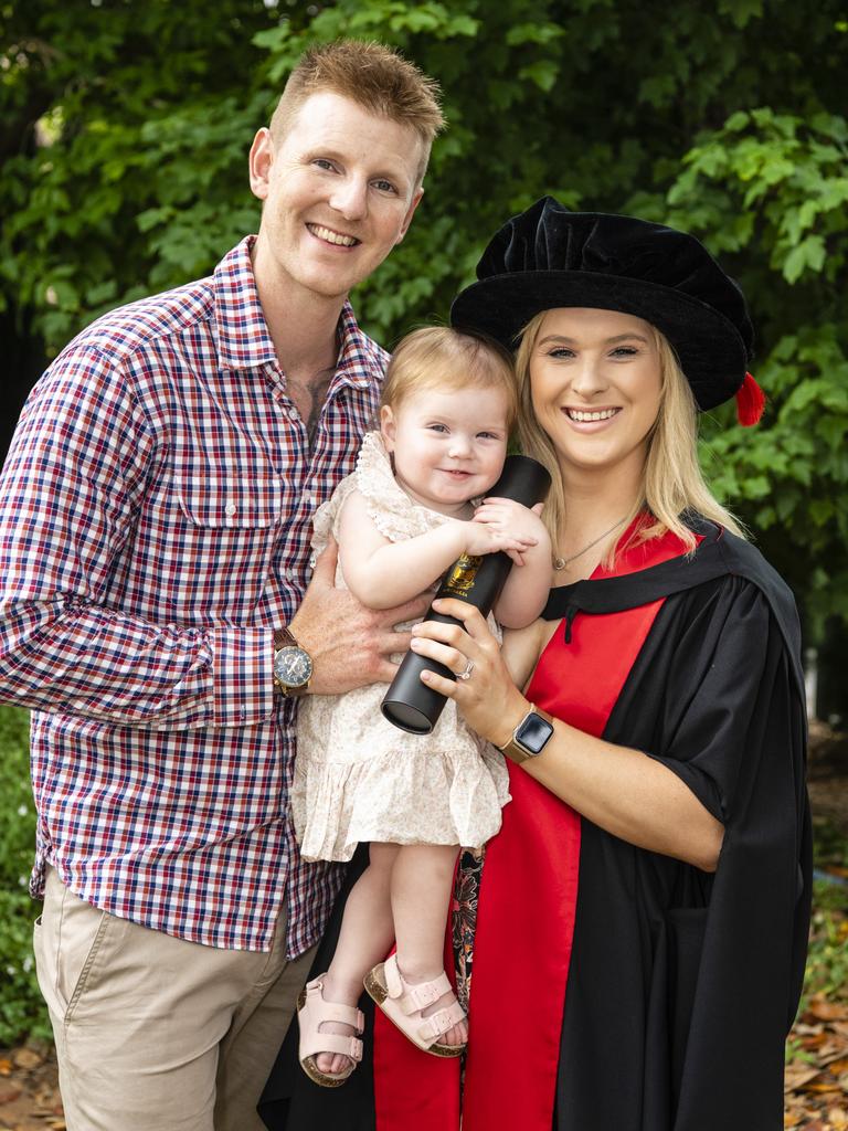 Doctor of Occupational Therapy graduate Jessica Levick with daughter Kelsea Hayes and husband Daniel Hayes at the UniSQ graduation ceremony at Empire Theatres, Tuesday, December 13, 2022.