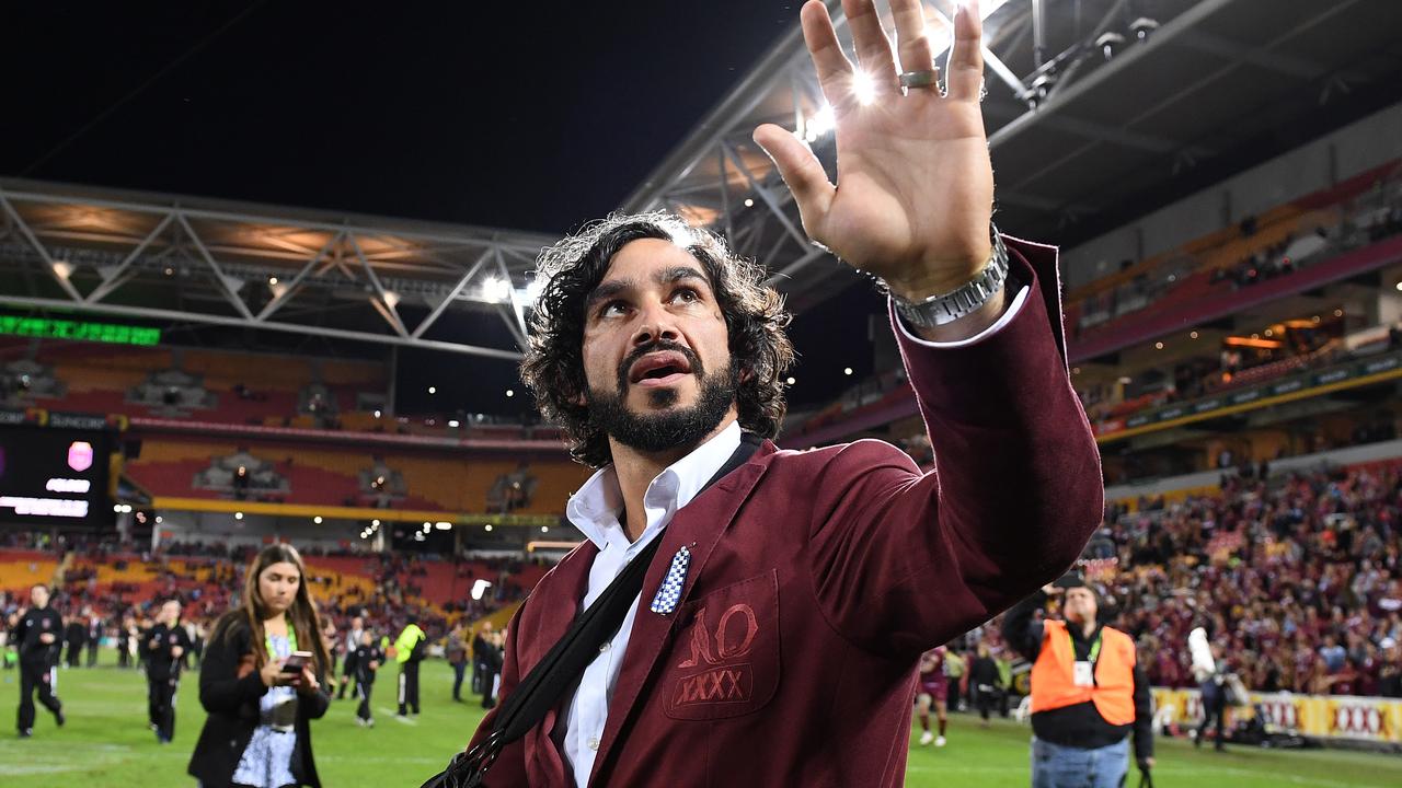 Johnathan Thurston reacts with the crowd following State of Origin Game 3 between the Queensland Maroons and NSW Blues, at Suncorp Stadium in Brisbane, on Wednesday, July 12, 2017. (AAP Image/Dave Hunt)