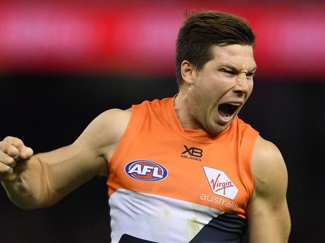 Toby Greene of the Giants reacts after kicking a goal during the Round 15 AFL match between the Essendon Bombers and the GWS Giants at Marvel Stadium in Melbourne, Thursday, June 27, 2019. (AAP Image/Julian Smith) NO ARCHIVING, EDITORIAL USE ONLY