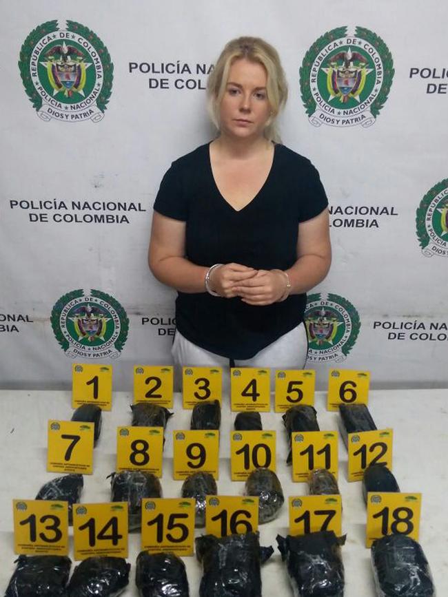 Sainsbury pictured with the cocaine found in her suitcase in Colombia.