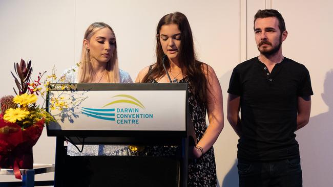 Bridget Laverty, Taylah Alcorn and Ben Austin at Declan Laverty’s memorial at the Darwin Convention Centre. Photo: Pema Tamang Pakhrin