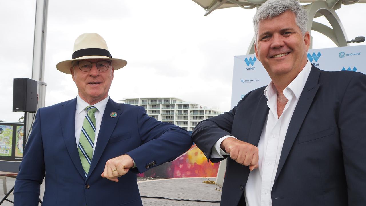 Mayor Mark Jamieson and Walker Corporation's commercial manager Malaysia and development projects George Quinn announce the development agreement for the Maroochydore City Centre.