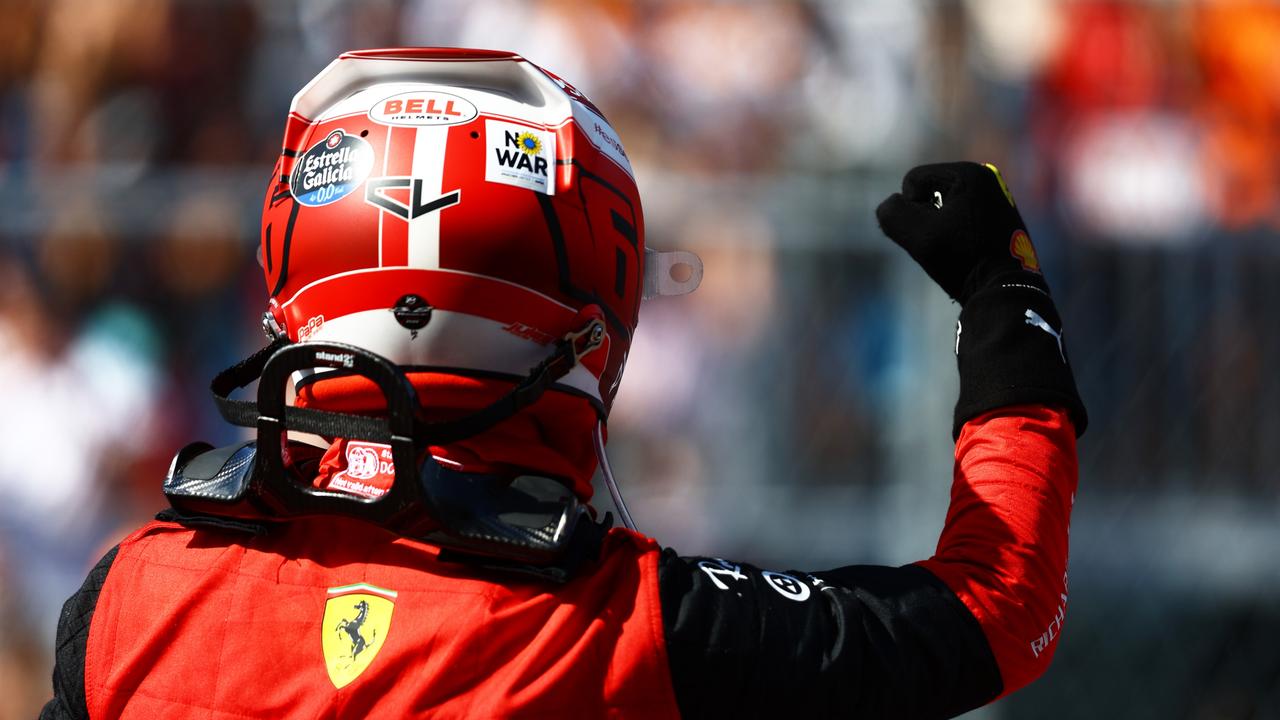 Pole position qualifier Charles Leclerc celebrates in parc ferme qualifying duringing at the Miami International Autodrome on May 07, 2022 in Miami.  Photo: Getty Images