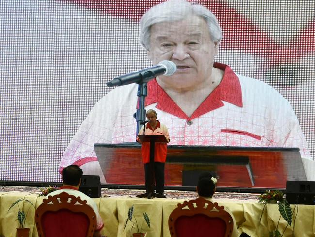 UN Secretary General Antonio Guterres speaks during the opening of the 53rd Pacific Islands Forum in Nukuâalofa on August 26, 2024. (Photo by Katalina Siasau / AFP)