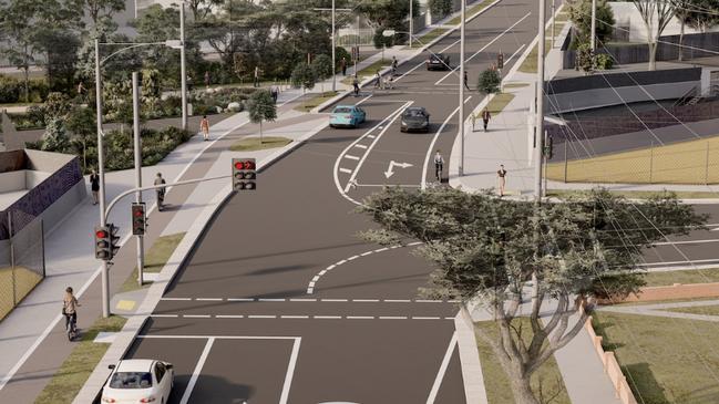 New Bedford Rd and Great Ryrie Street intersection, looking east. Artist’s impression. Picture: Level Crossing Removal Project