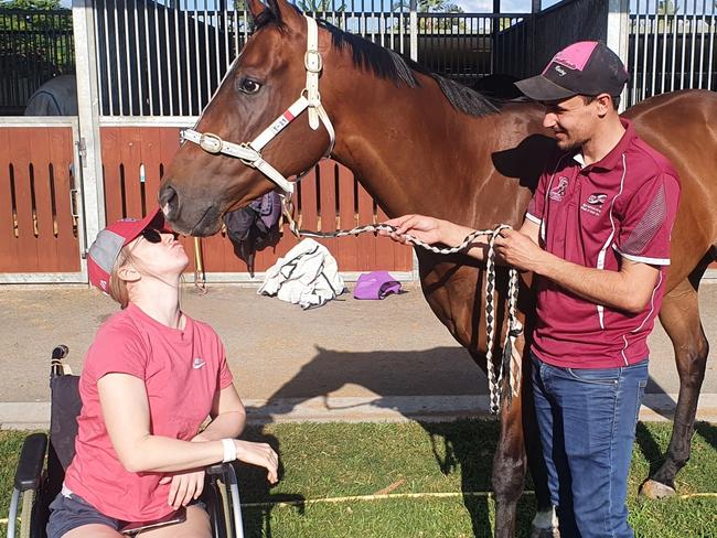 Leah Kilner (with an UNNAMED stable hand right) visiting Rob Heathcote's stable this afternoon after leaving hospital for the first time - Leah wanted so much to give a kiss to her favourite horses and Danezel was high on that list - Photo Supplied