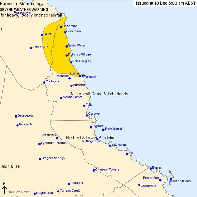 Latest tracking map from the Bureau of Meteorology shows coastal trough linked to Ex-Cyclone Jasper moving across the region from Hopevale to Cairns. Picture: BOM