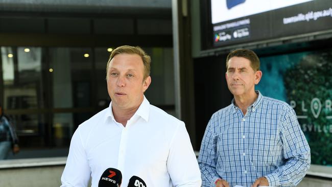 Leader of the Opposition Steven Miles and Deputy Leader of the Opposition Cameron Dick speak to the media in Townsville. Picture: Shae Beplate.