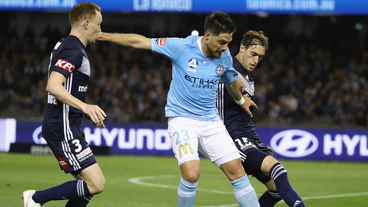 Bruno Fornaroli of Melbourne City is challenged. (Photo by Robert Cianflone/Getty Images)