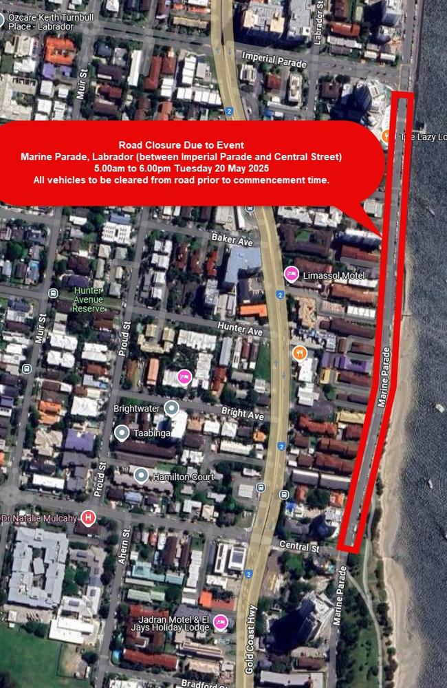 Councillor Joe Wilkinson posted a notice to Facebook saying Marine Parade at Labrador would be closed between Imperial Parade and Central St on May 20. Picture: Facebook/Councillor Joe Wilkinson.