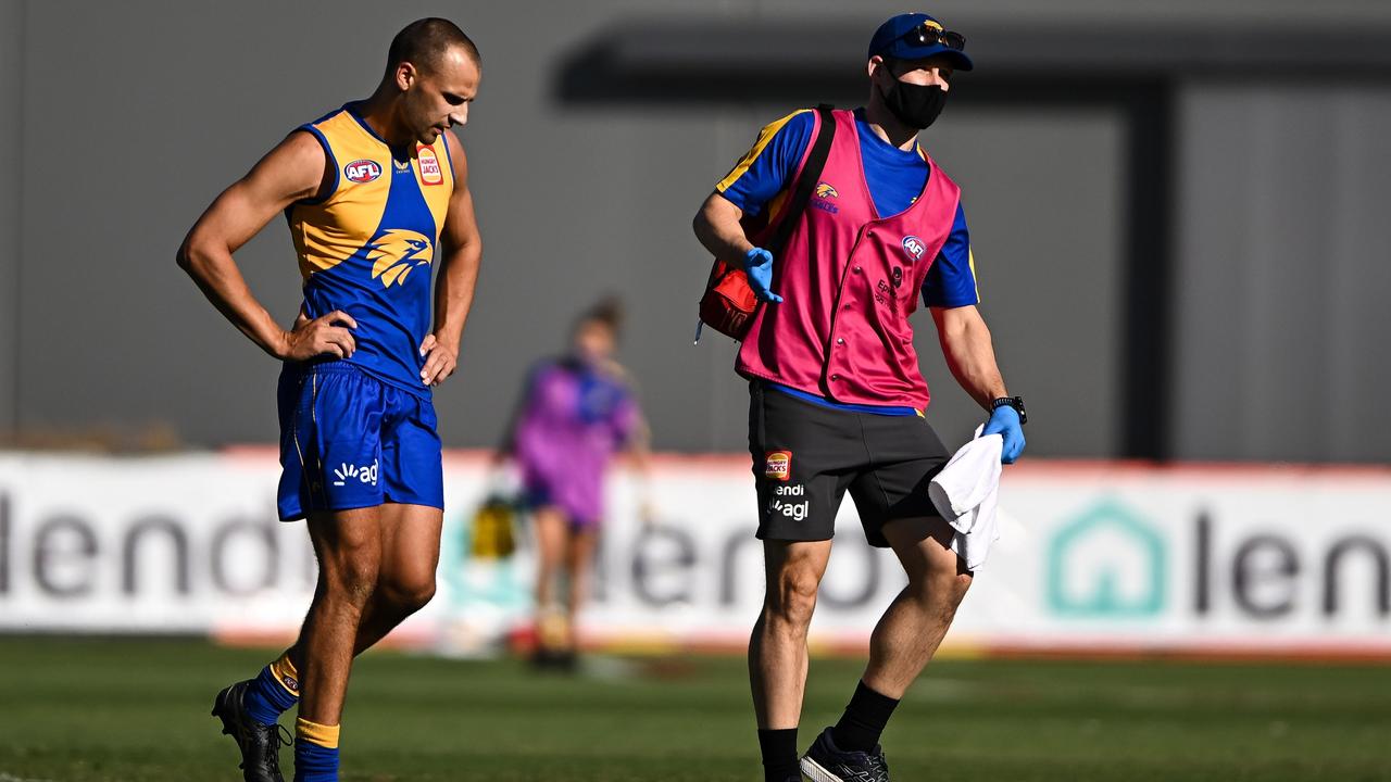 Dom Sheed was one of the latest Eagles to go down with injury. Picture: Daniel Carson