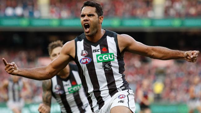 Daniel Wells celebrates a goal against Essendon on Anzac Day.