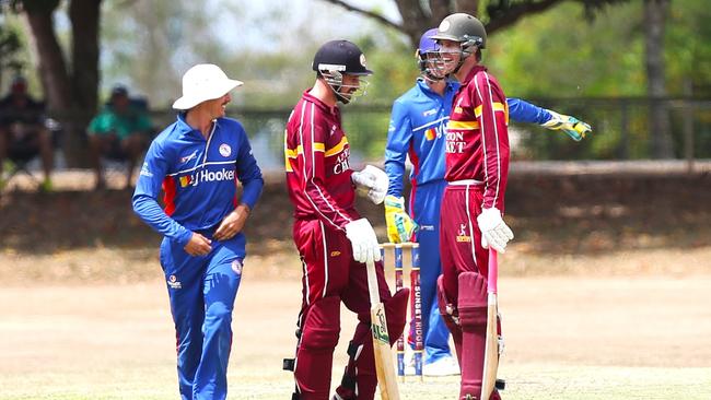 Pictured (l-r): Adam Trewin, Tom Boorman and Chris Adams. Atherton v Barron River. Cricket Far North 2024. Photo: Gyan-Reece Rocha.