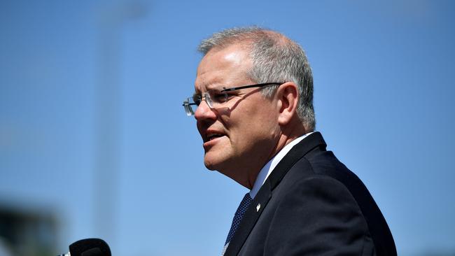 Prime Minister Scott Morrison speaks during a commissioning ceremony for HMAS Brisbane in Sydney, Saturday, October 27, 2018. (AAP Image/Joel Carrett) NO ARCHIVING