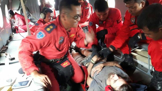 Tasmanian Andrew Gaskell being carried from a Bomba M17 at Mulu airport. Picture: SARAWAK FIRE AND RESCUE DEPARTMENT