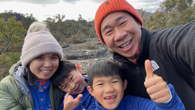 Natalie Phong thought she had appendicitis when she was diagnosed with Stage 4 bowel cancer at age of 39. She’s pictured with her sons Harrison, 6, Alexander, 9, and husband Willis Phong. Picture: Supplied