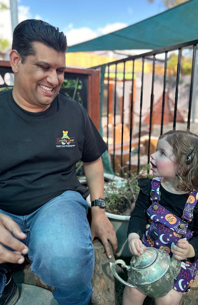 Cuddly Bear Child Care and Kindergarten Heathmont Educator, Anthony Mendis and Indianna Bourke. Picture: Supplied