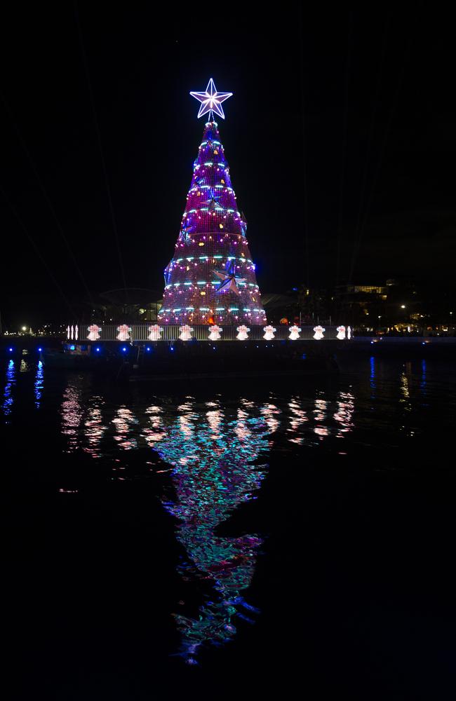 The Floating Christmas tree was livestreamed from the waterfront due to the weather. Picture: Alan Barber