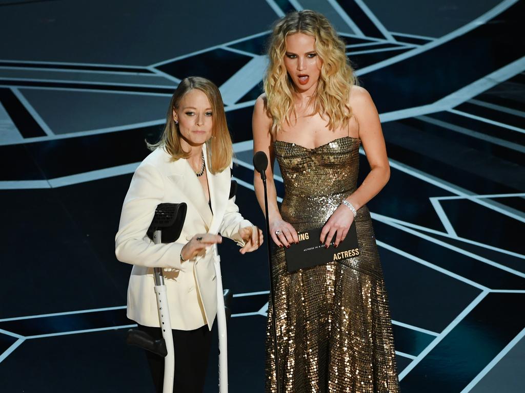 Jodie Foster and Jennifer Lawrence speak onstage during the 90th Annual Academy Awards at the Dolby Theatre on March 4, 2018 in Hollywood, California. Picture: Getty