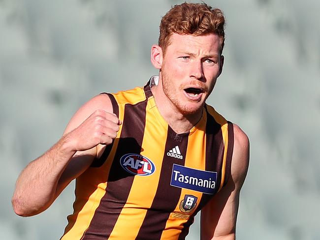 AFL - Sunday, 13th September, 2020 - Hawthorn v Western Bulldogs at the Adelaide Oval. Hawthorn's Tim O'Brien celebrates his goal Picture: Sarah Reed