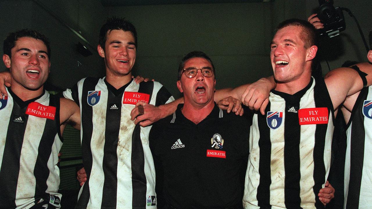 15 May 99. Collingwood v Fremantle. Success at last! Collingwood's Paul Licuria (from left), Chris Tarrant, coach Tony Shaw and Luke Godden sing the club's theme song after beating the Dockers . Collingwood ended their record 13-game losing streak.p//football