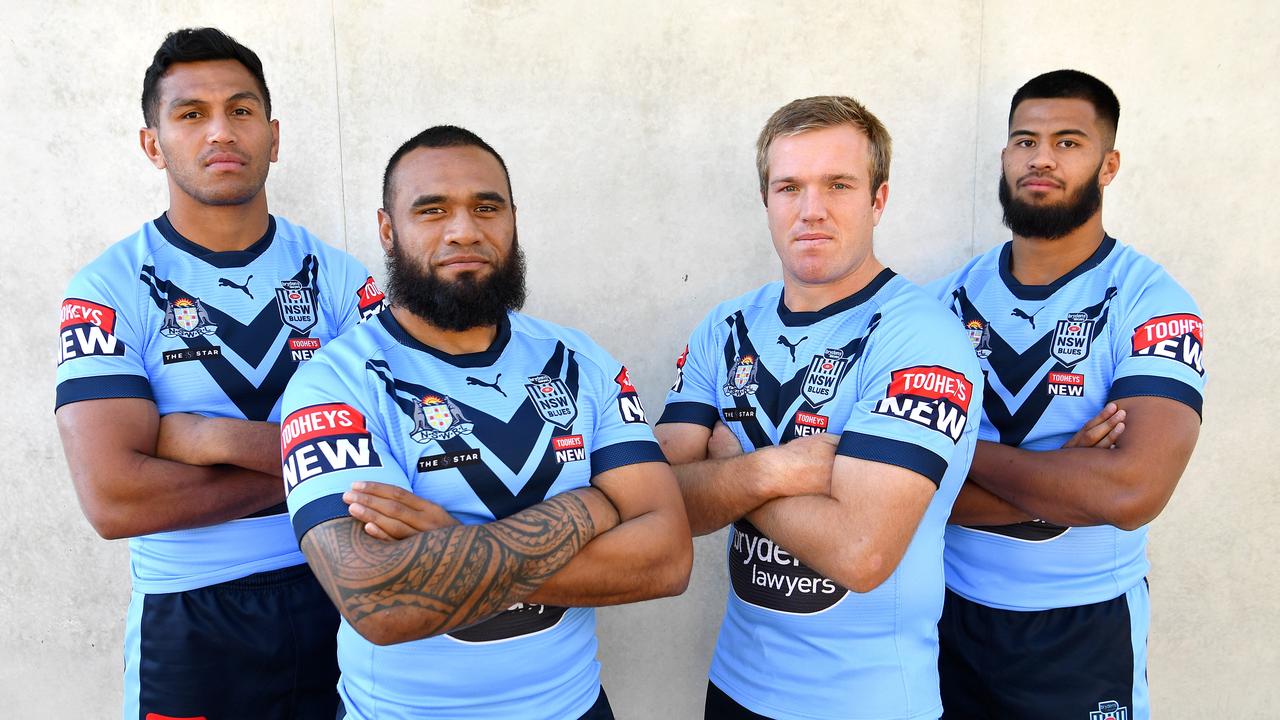 Payne Haas (right) and his fellow NSW front-rowers Daniel Saifiti, Junior Paulo and Jake Trbojevic. Picture: Gregg Porteous/NRL Photos