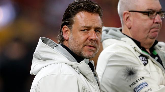 Russell Crowe during the NRL match between the Brisbane Broncos and the South Sydney Rabbitohs in Brisbane. Pic Darren England.