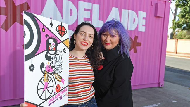 Adelaide Fringe 2021 poster competition winner Polina Tsymbal with her design titled “Frederique Fringe” and Fringe director Heather Croall. Picture: Tom Huntley