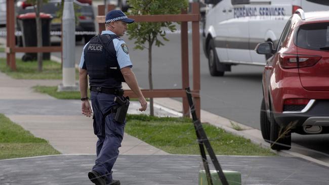 Police have set up a crime scene after the stabbing death of a 10 year old girl. Photo Jeremy Piper