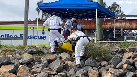 Police at the scene where the body of diver Bruno Borges Martins and more than 50 kilograms of cocaine where retrieved near the Port of Newcastle in 2022. Picture: NSW Police