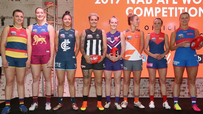 AFLW stars model the jumpers for the league’s first season. Picture: Wayne Ludbey