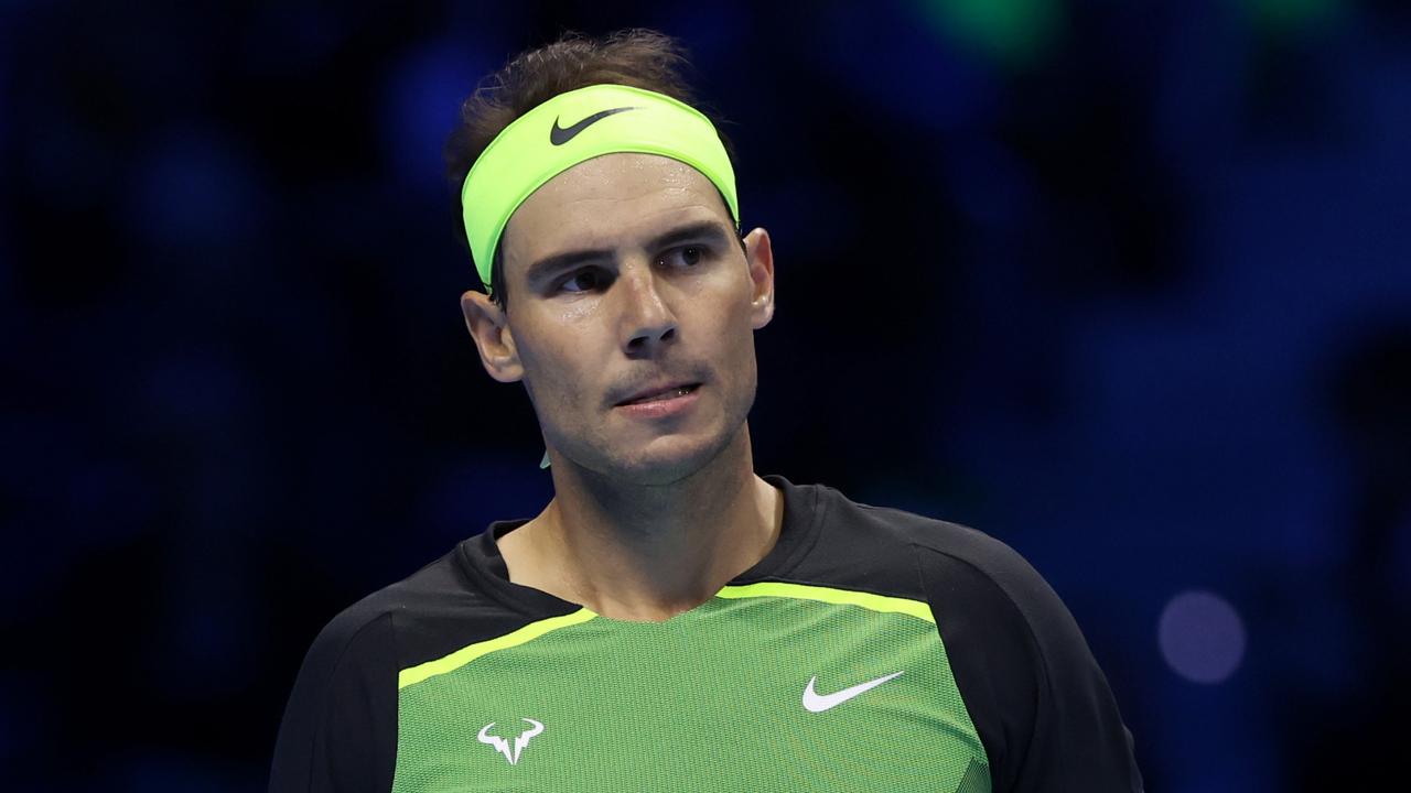 TURIN, ITALY - NOVEMBER 13: Rafael Nadal of Spain reacts while playing Taylor Fritz of United States during round robin play on Day One of the Nitto ATP Finals at Pala Alpitour on November 13, 2022 in Turin, Italy. (Photo by Matthew Stockman/Getty Images)