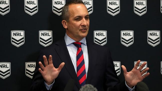 NRL CEO Andrew Abdo speaks to the media during a press conference at Rugby League Central on October 13. Photo by Mark Metcalfe/Getty Images.