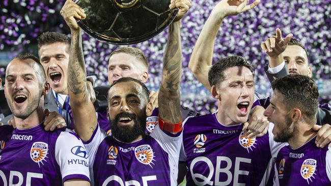 Perth Glory players celebrate securing the Premiers’ Plate at the weekend. Picture: AAP 