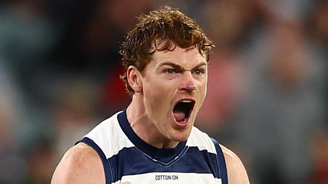 MELBOURNE, AUSTRALIA - JUNE 29: Gary Rohan of the Cats celebrates kicking a goal during the round 16 AFL match between Geelong Cats and Essendon Bombers at Melbourne Cricket Ground on June 29, 2024 in Melbourne, Australia. (Photo by Graham Denholm/Getty Images)