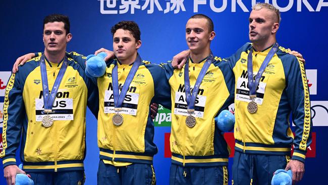 Australia’s world champion 4x100m freestyle relay team of Jack Cartwright, Kai Taylor, Flynn Southam and Kyle Chalmers. Picture: Quinn Rooney/Getty Images