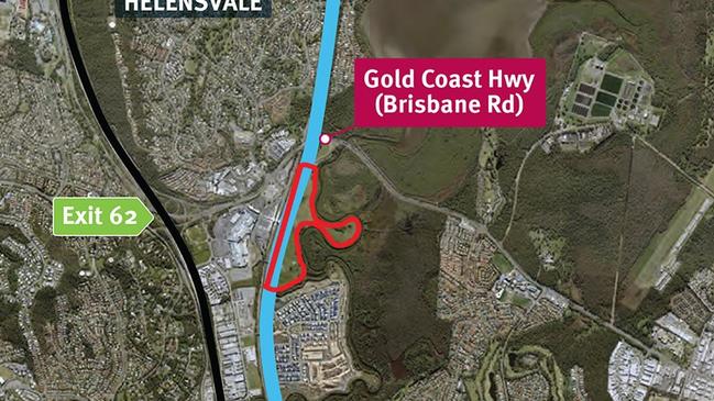 The land, marked in red, resumed by the State Government from developer Villawood for $60.5m for the Coomera Connector, marked in blue. The M1 is marked in black.