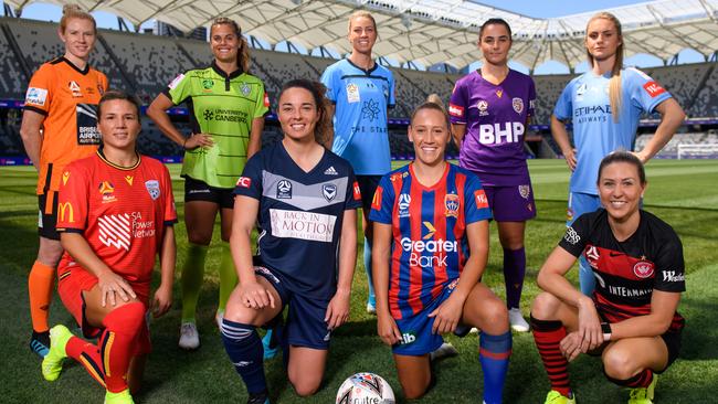 (Back row l-r) W-League players Clare Polkinghorne of Brisbane Roar, Katie Stengel of Canberra United, Alanna Kennedy of Sydney FC, Alexia Morena of Perth Glory and Ellie Carpenter of Melbourne City. (Front row l-r) Amber Brooks of Adelaide United, Jenna McCormick of Melbourne Victory, Gema Simon of Newcastle Jets and Erica Halloway of the Western Sydney Wanderers at Thursday’s season launch at Bankwest Stadium in Sydney. Picture: AAP