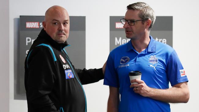 Chris Davies, GM of Football of the Power (left) and Brady Rawlings, GM of Football of the Kangaroos. Picture: Michael Willson