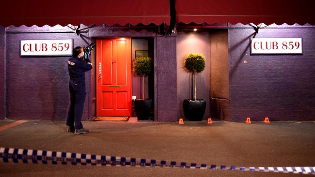 Police investigate after a drive by shooting at a brothel Club 859 in Caulfield South. Picture: Nicole Garmston