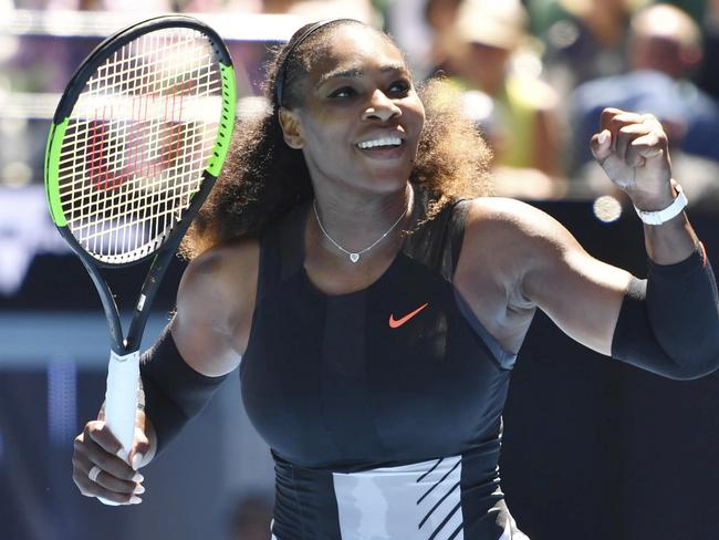 Serena Williams of U.S. reacts after winning her quarterfinal against Johanna Konta of Germany at the Australian Open tennis tournament in Melbourne, Australia on Jan.25, 2017. Serena won by 6-2, 6-3, will have a match against Mirjana Lucic-Baroni of Croatia in the semifinals. ( The Yomiuri Shimbun via AP Images ) For GCB digital life