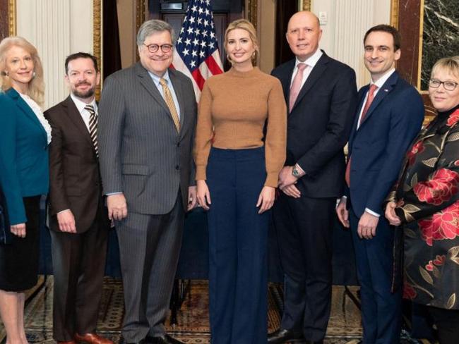 Peter Dutton with members oof the Trump Administration including Kellyanne Conway, Attorney-General Bill Barr and Ivanka Trump. Picture: Supplied