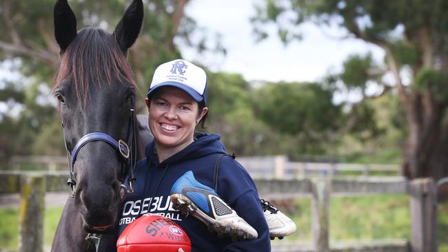 Horse trainer Rebecca Waymouth with last-start Geelong winner God’s Shadow at her Boneo stables. Picture: Tanya Fry.