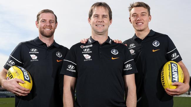 Carlton co-captains Sam Docherty and Patrick Cripps with new coach David Teague. Picture: Getty Images